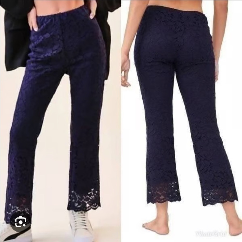 FREE PEOPLE DISCO WILD LACES NAVY BLUE PULL ON FLARE PANTS